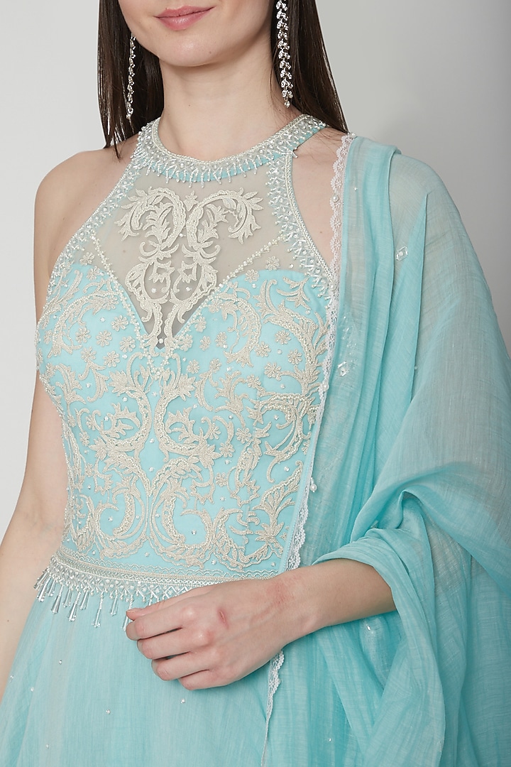 Aqua Blue Embroidered Wedding Anarkali Set by Mandira Wirk - Indian at Pernia's Pop Up Shop