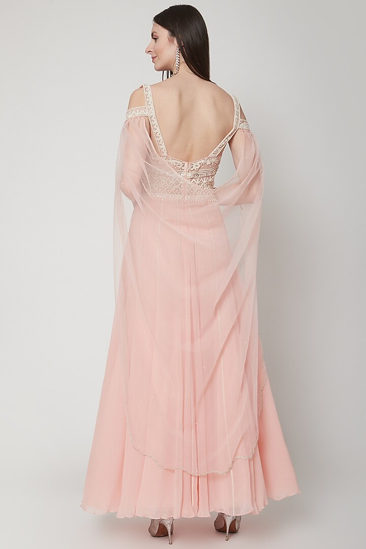 Peach Pink Embroidered Wedding Anarkali With Attached Dupatta by Mandira Wirk - Indian at Pernia's Pop Up Shop