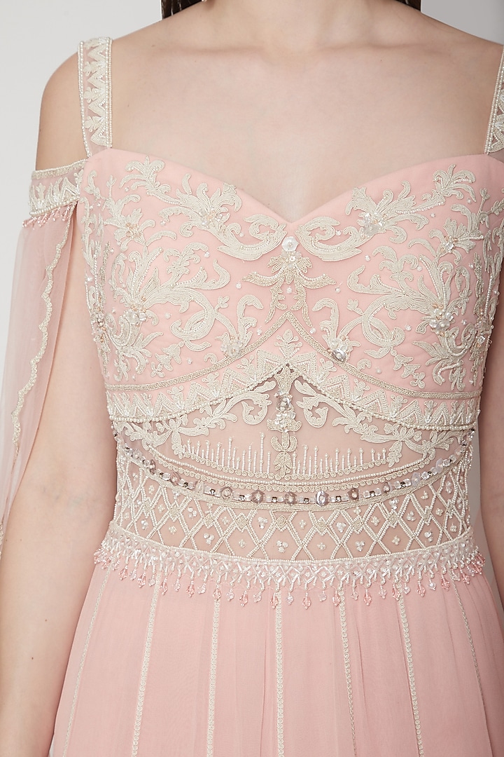 Peach Pink Embroidered Wedding Anarkali With Attached Dupatta by Mandira Wirk - Indian at Pernia's Pop Up Shop