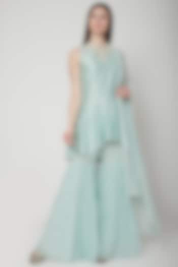 Soft Aqua Blue Embroidered Wedding Sharara Set by Mandira Wirk - Indian at Pernia's Pop Up Shop