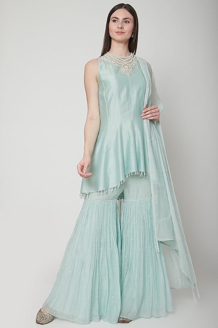 Soft Aqua Blue Embroidered Wedding Sharara Set by Mandira Wirk - Indian at Pernia's Pop Up Shop