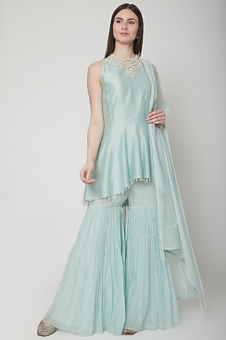 Soft Aqua Blue Embroidered Sharara Set by Mandira Wirk - Indian