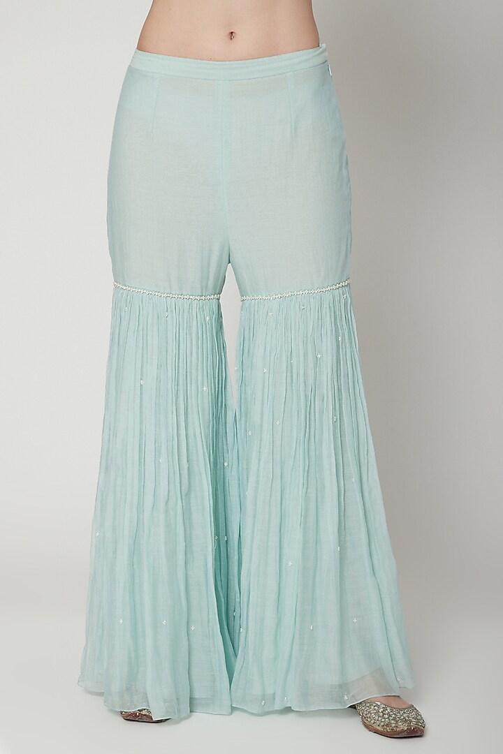 Soft Aqua Blue Embroidered Wedding Sharara Set by Mandira Wirk - Indian at Pernia's Pop Up Shop