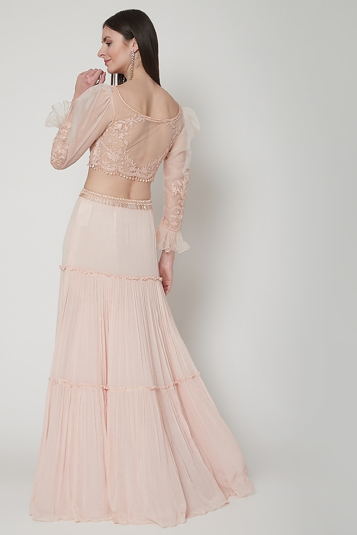 Soft Peach Embroidered Crop Top With Wedding Lehenga by Mandira Wirk - Indian at Pernia's Pop Up Shop