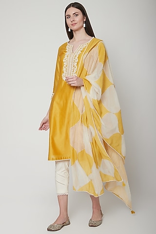 Yellow Embroidered Kurta Set by Mandira Wirk - Indian