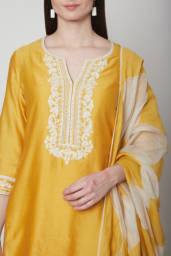 Yellow Embroidered Kurta Set by Mandira Wirk - Indian at Pernia's Pop Up Shop