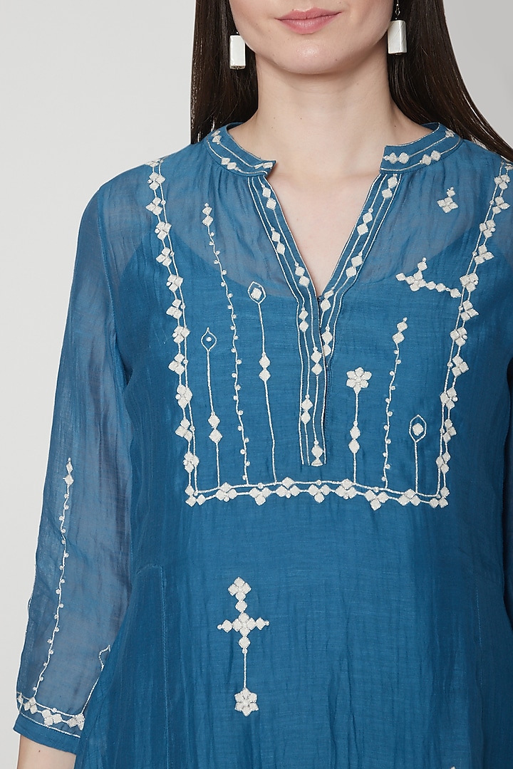 Smokey Blue Embroidered Tunic With Pants by Mandira Wirk - Indian at Pernia's Pop Up Shop