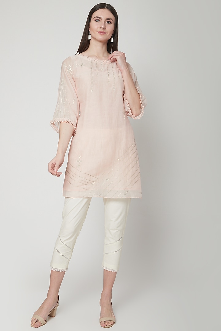 Soft Peach Embroidered Tunic With Pants by Mandira Wirk