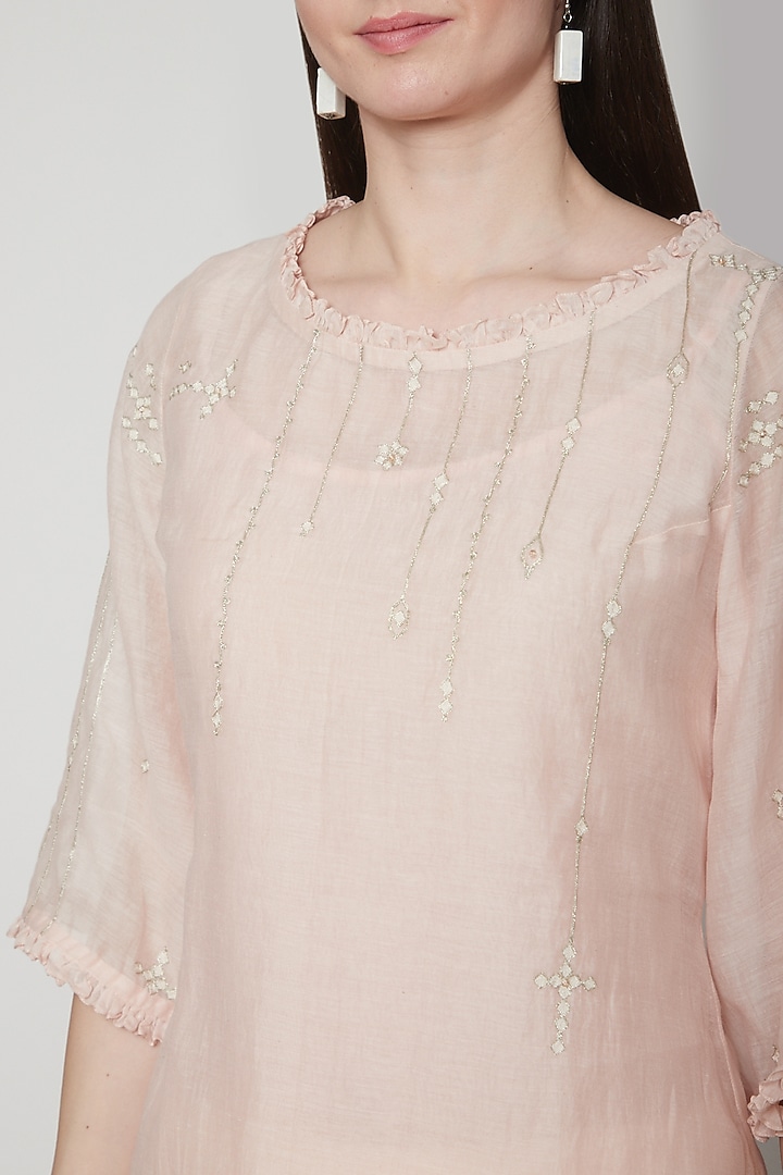 Soft Peach Embroidered Tunic With Pants by Mandira Wirk - Indian at Pernia's Pop Up Shop
