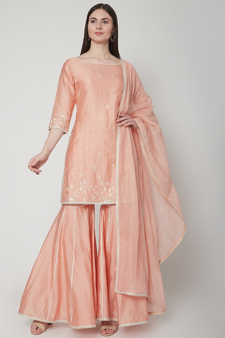 Peach Embroidered Wedding Sharara Set by Mandira Wirk - Indian at Pernia's Pop Up Shop