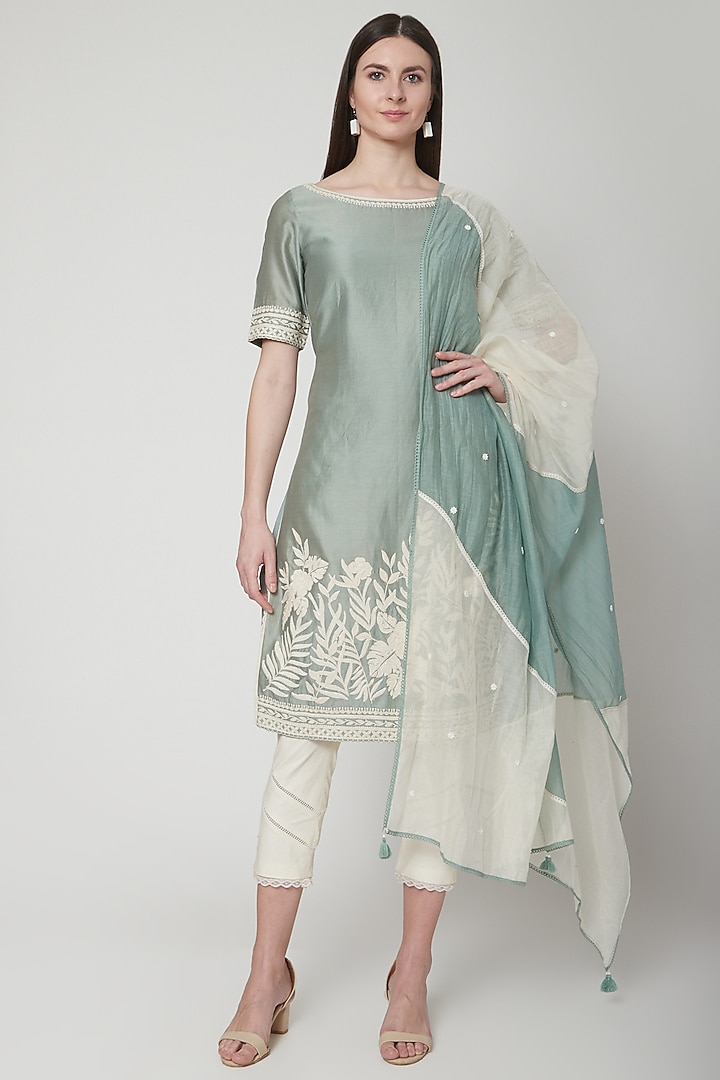 Green Embroidered Kurta Set by Mandira Wirk - Indian at Pernia's Pop Up Shop