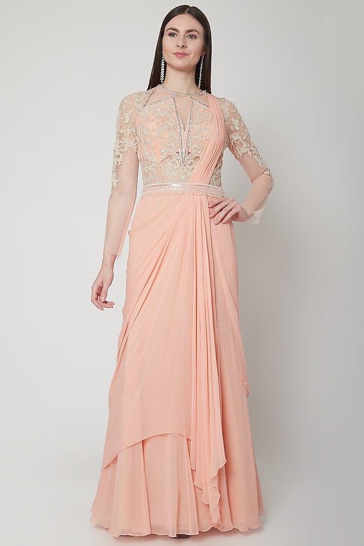 Peach Embroidered Gown Saree by Mandira Wirk