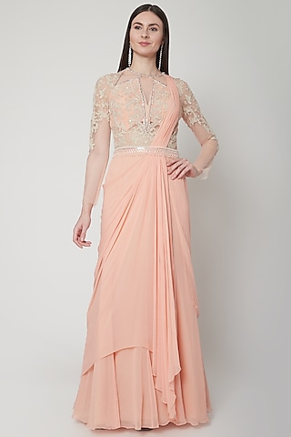 Peach Embroidered Gown Saree by Mandira Wirk - Indian