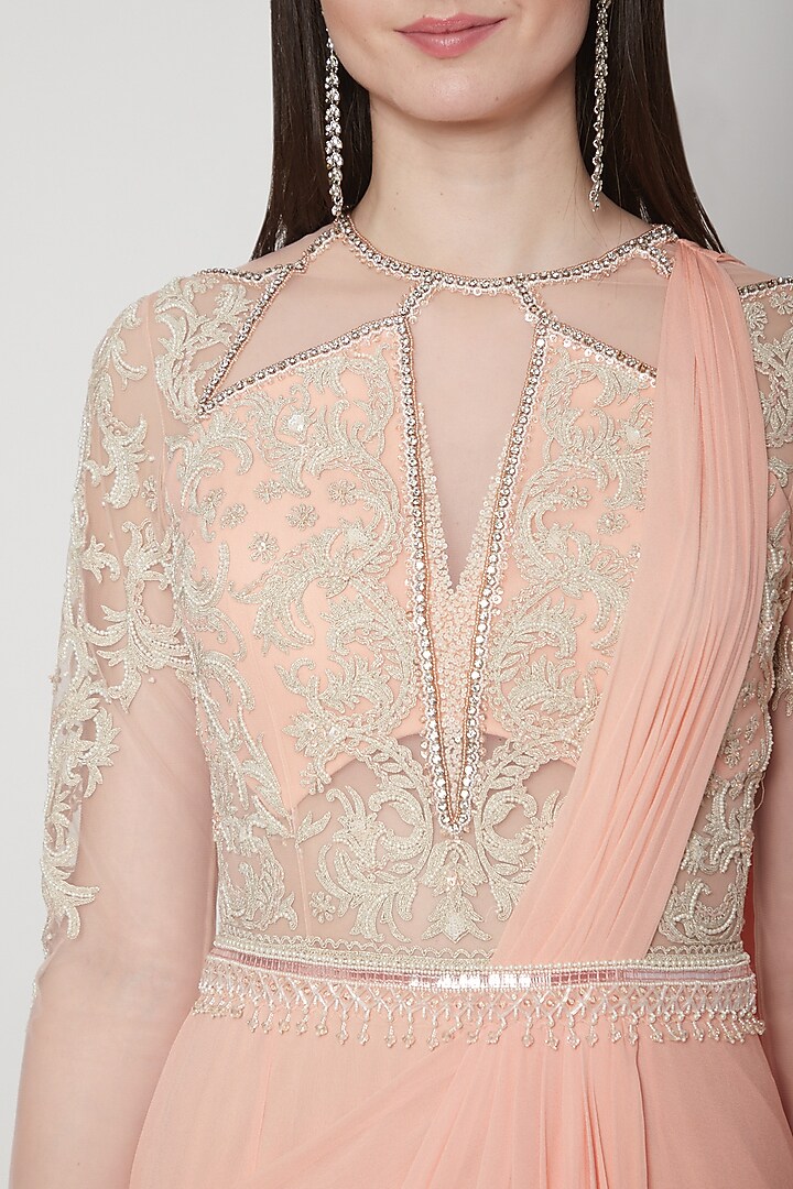 Peach Embroidered Wedding Gown Saree by Mandira Wirk - Indian at Pernia's Pop Up Shop
