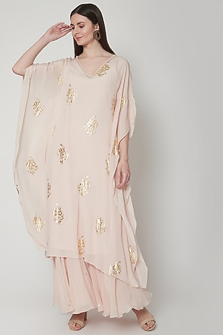 Peach Printed & Embroidered Kaftan With Sharara Pants by Mandira Wirk - Indian