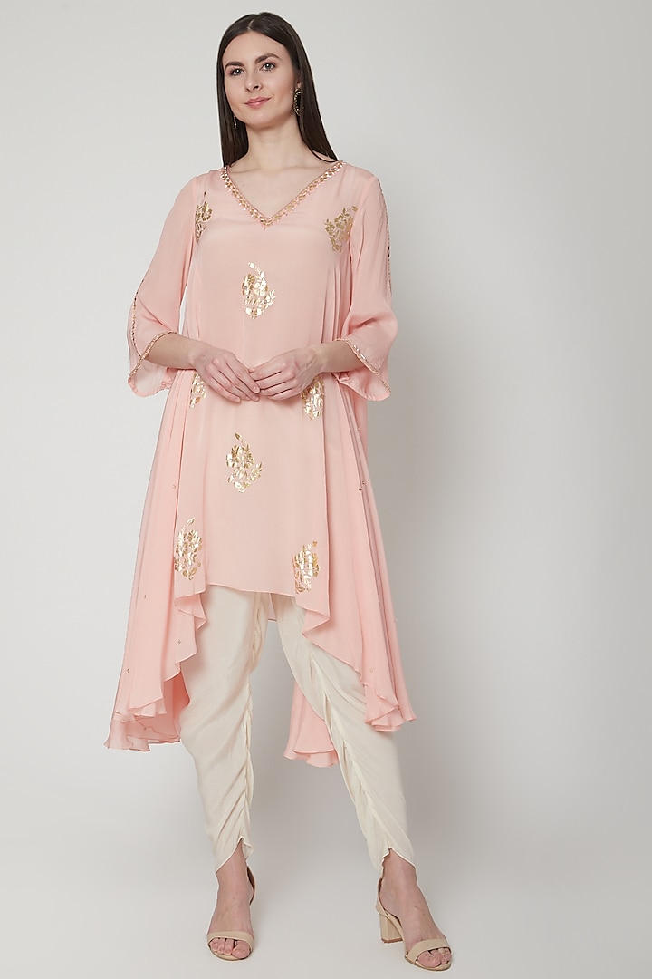Peach Pink Embroidered & Printed Kurta With Pants by Mandira Wirk