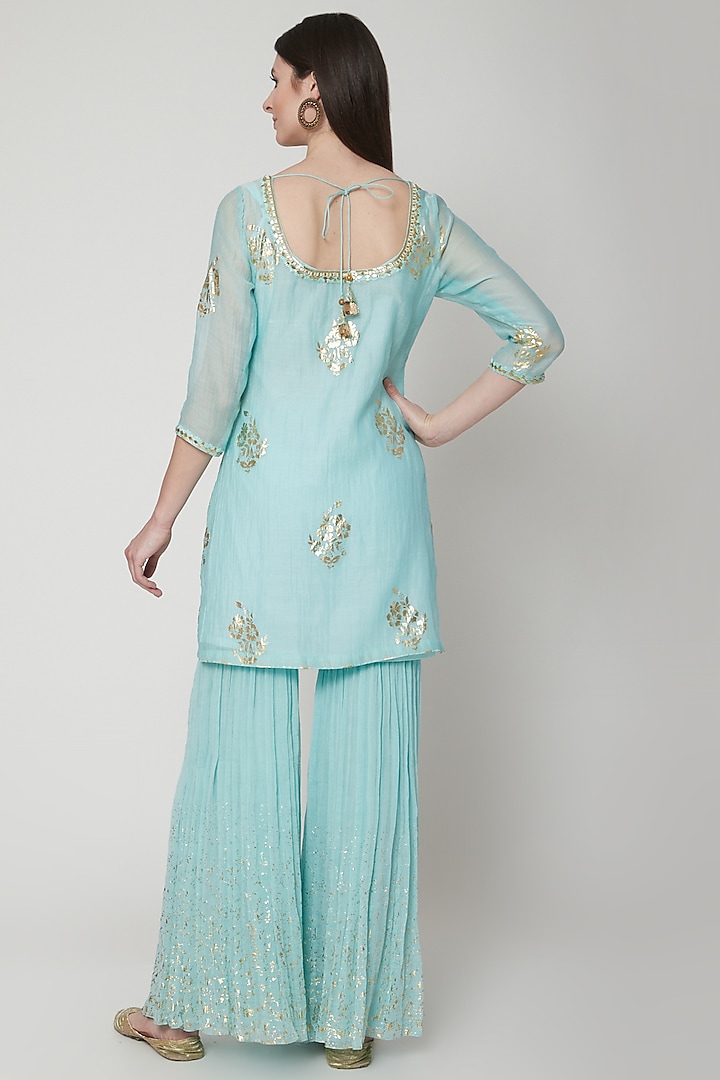 Aqua Blue Embroidered & Printed Wedding Sharara Set by Mandira Wirk - Indian at Pernia's Pop Up Shop