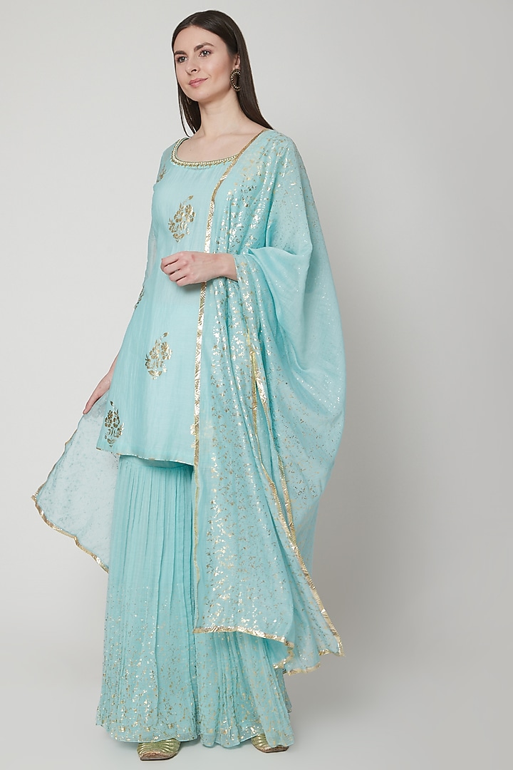 Aqua Blue Embroidered & Printed Wedding Sharara Set by Mandira Wirk - Indian at Pernia's Pop Up Shop