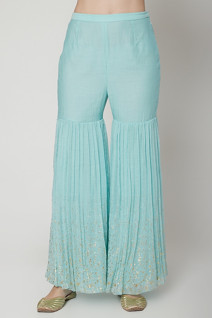 Aqua Blue Embroidered & Printed Wedding Sharara Set by Mandira Wirk - Indian at Pernia's Pop Up Shop