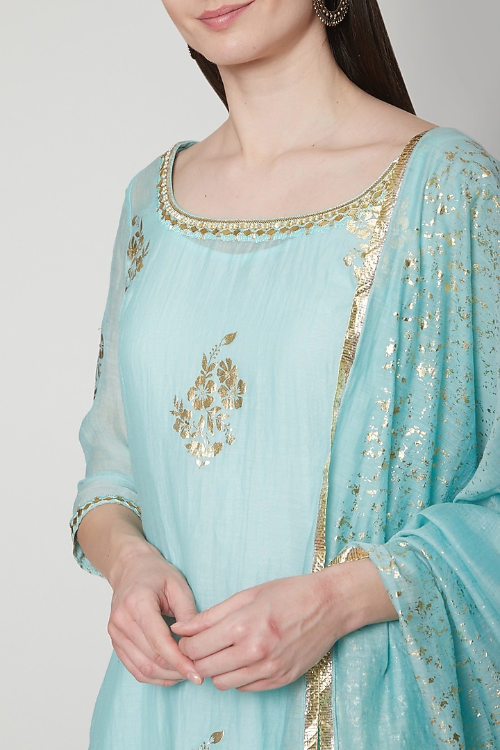Aqua Blue Embroidered & Printed Wedding Sharara Set by Mandira Wirk - Indian at Pernia's Pop Up Shop