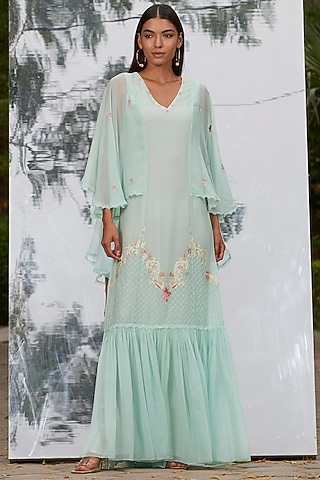 Mint Blue Embroidered Kaftan by Mandira Wirk - Indian