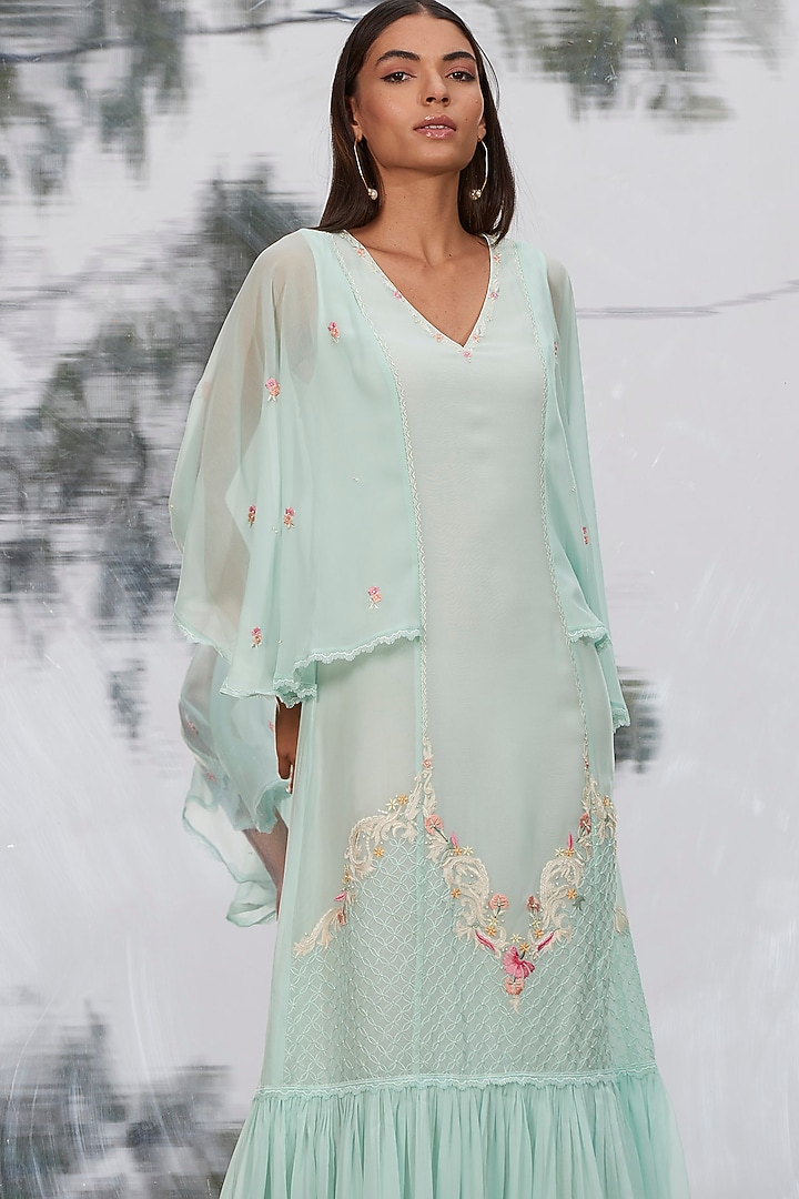 Mint Blue Embroidered Kaftan by Mandira Wirk - Indian at Pernia's Pop Up Shop