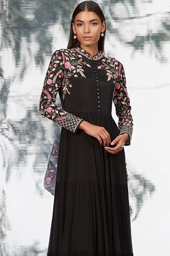 Black Embroidered Tiered Cocktail Dress by Mandira Wirk - Indian at Pernia's Pop Up Shop