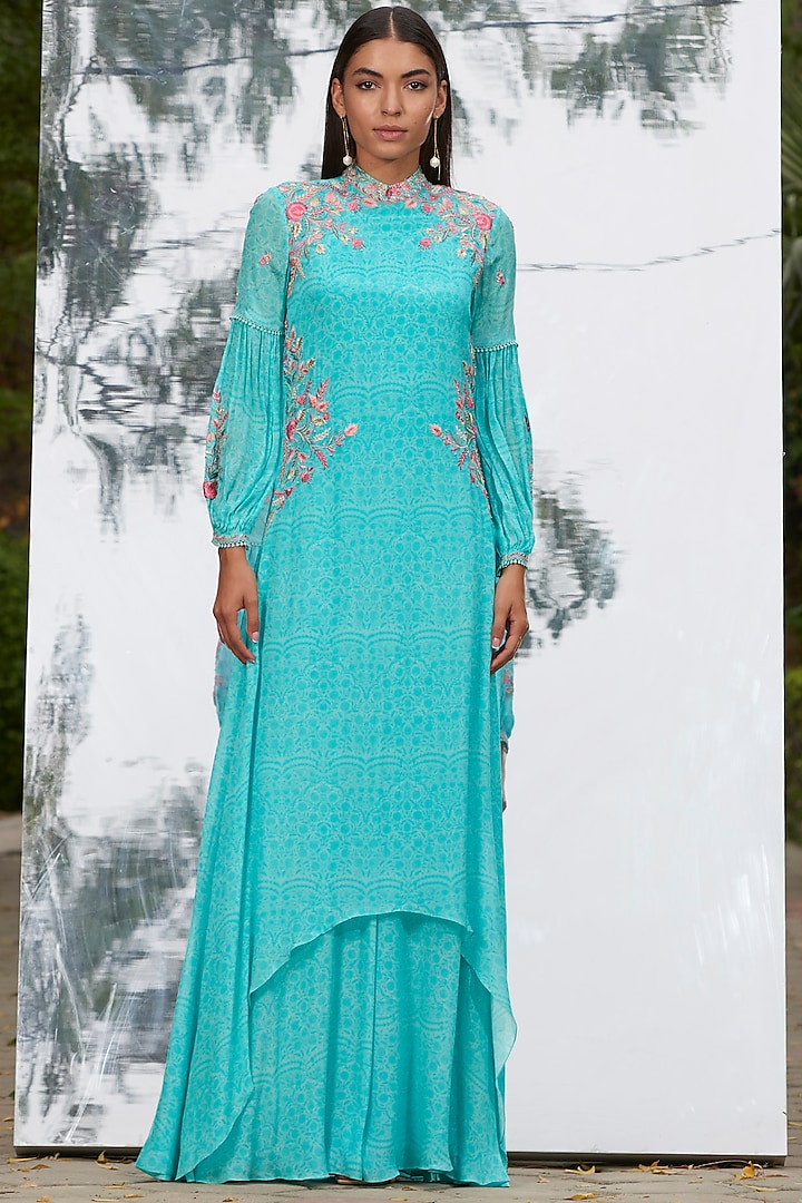 Blue Printed & Embroidered Dress by Mandira Wirk