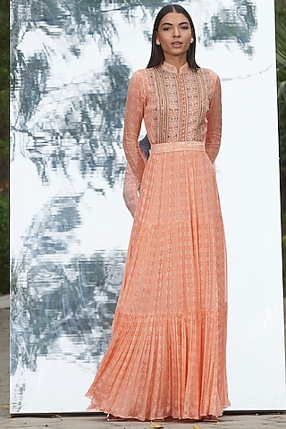 Peach Embroidered & Printed Dress by Mandira Wirk - Indian