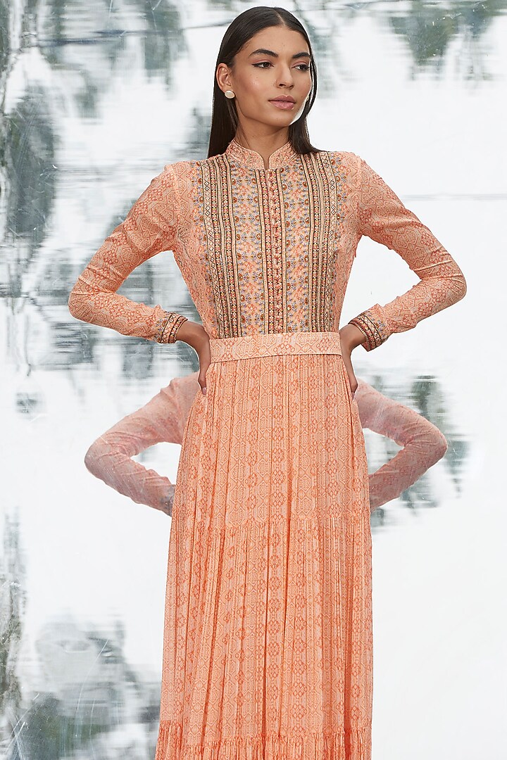 Peach Embroidered & Printed Cocktail Dress by Mandira Wirk - Indian at Pernia's Pop Up Shop