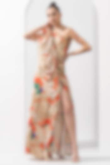 Mystic Orange Satin & Organza Printed Dress by Mandira Wirk at Pernia's Pop Up Shop