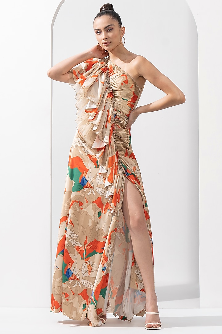 Mystic Orange Satin & Organza Printed Dress by Mandira Wirk