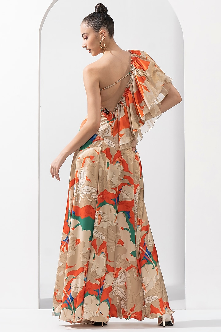 Mystic Orange Satin & Organza Printed Cocktail Dress by Mandira Wirk - Resort at Pernia's Pop Up Shop