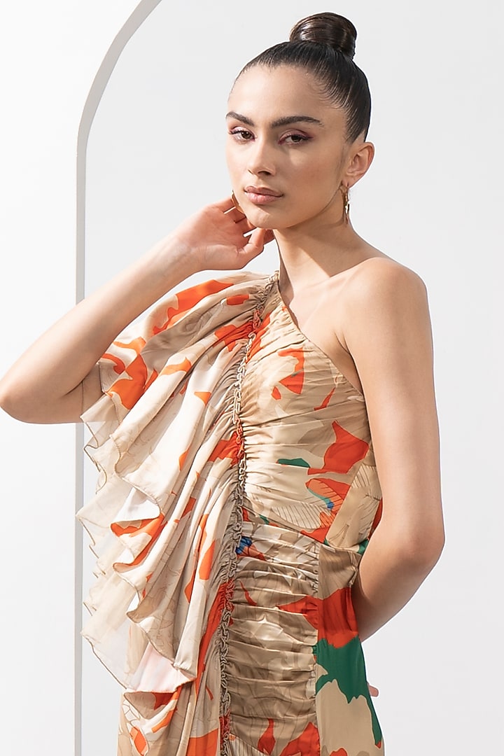 Mystic Orange Satin & Organza Printed Cocktail Dress by Mandira Wirk - Resort at Pernia's Pop Up Shop