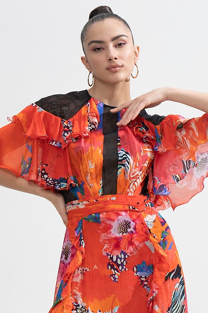 Red Chiffon Printed Cocktail Dress by Mandira Wirk - Resort at Pernia's Pop Up Shop