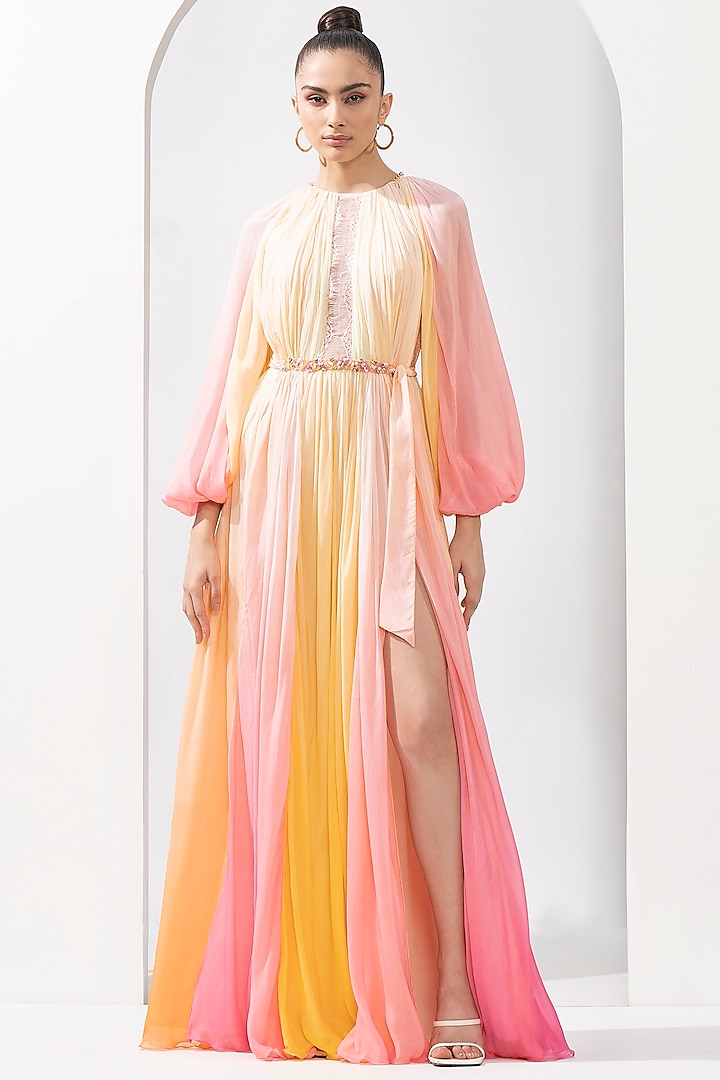 Multi-Colored Chiffon & Chantilly Ombre Dress by Mandira Wirk at Pernia's Pop Up Shop