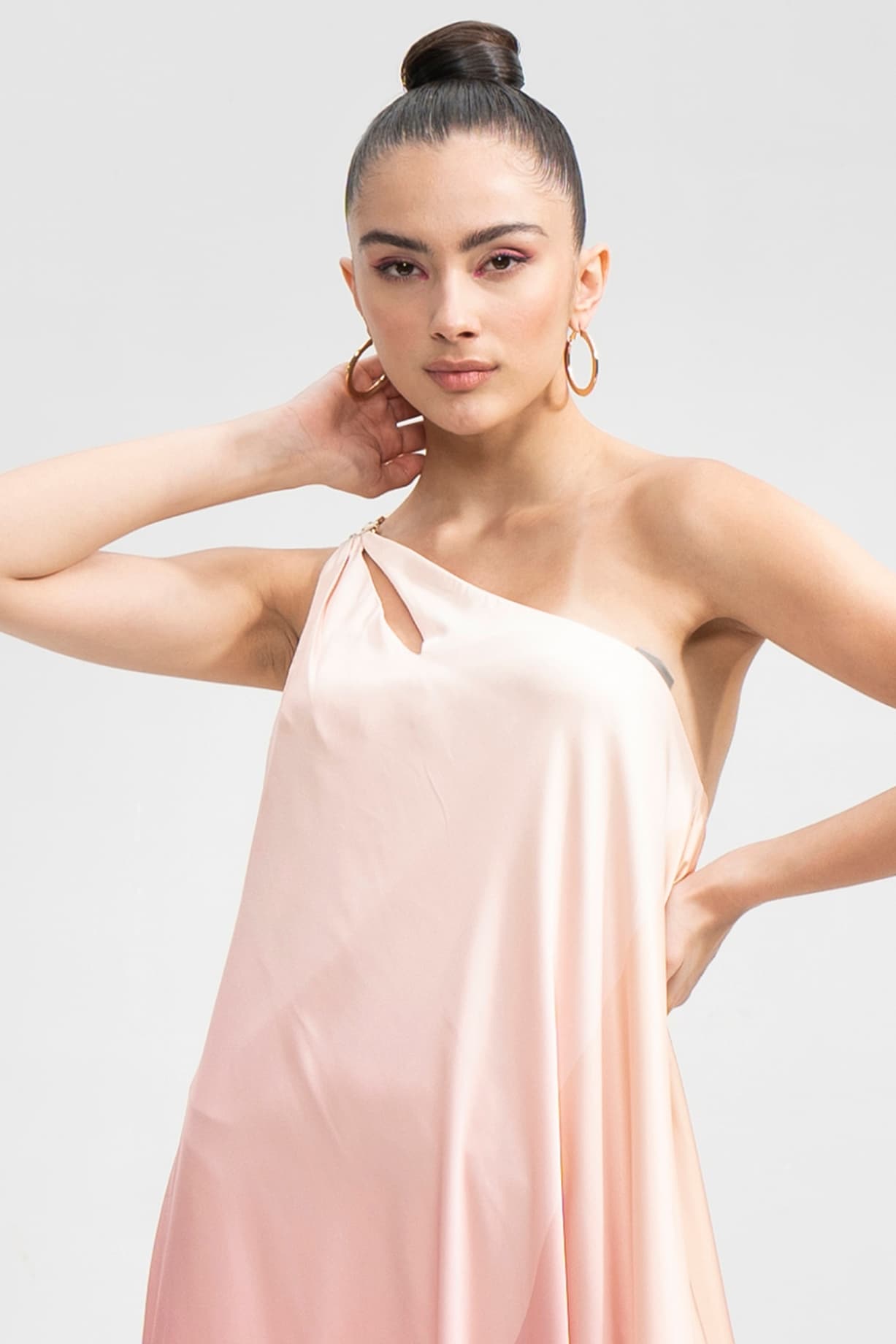 Pink Ombre Satin One-Shoulder Dress Design by Mandira Wirk at