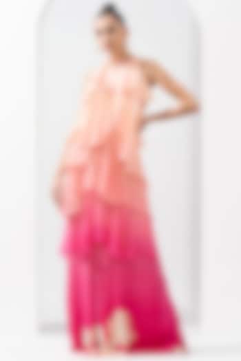 Pink Ombre Chiffon Printed Dress by Mandira Wirk
