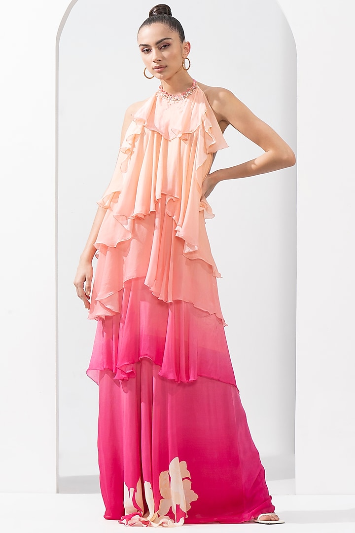 Pink Ombre Chiffon Printed Dress by Mandira Wirk