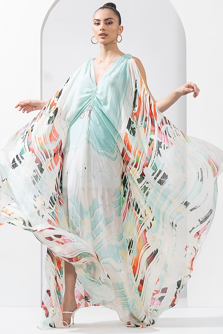 Ocean Blue Chiffon Printed Kaftan by Mandira Wirk - Resort at Pernia's Pop Up Shop
