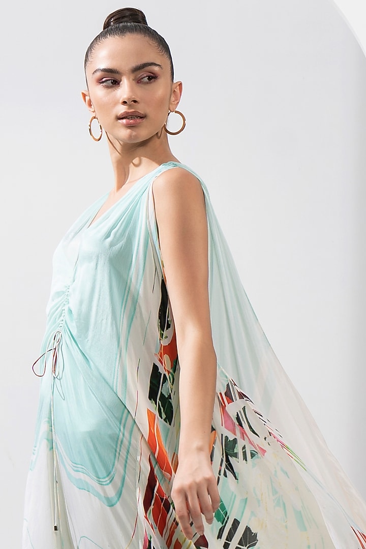 Ocean Blue Chiffon Printed Kaftan by Mandira Wirk - Resort at Pernia's Pop Up Shop