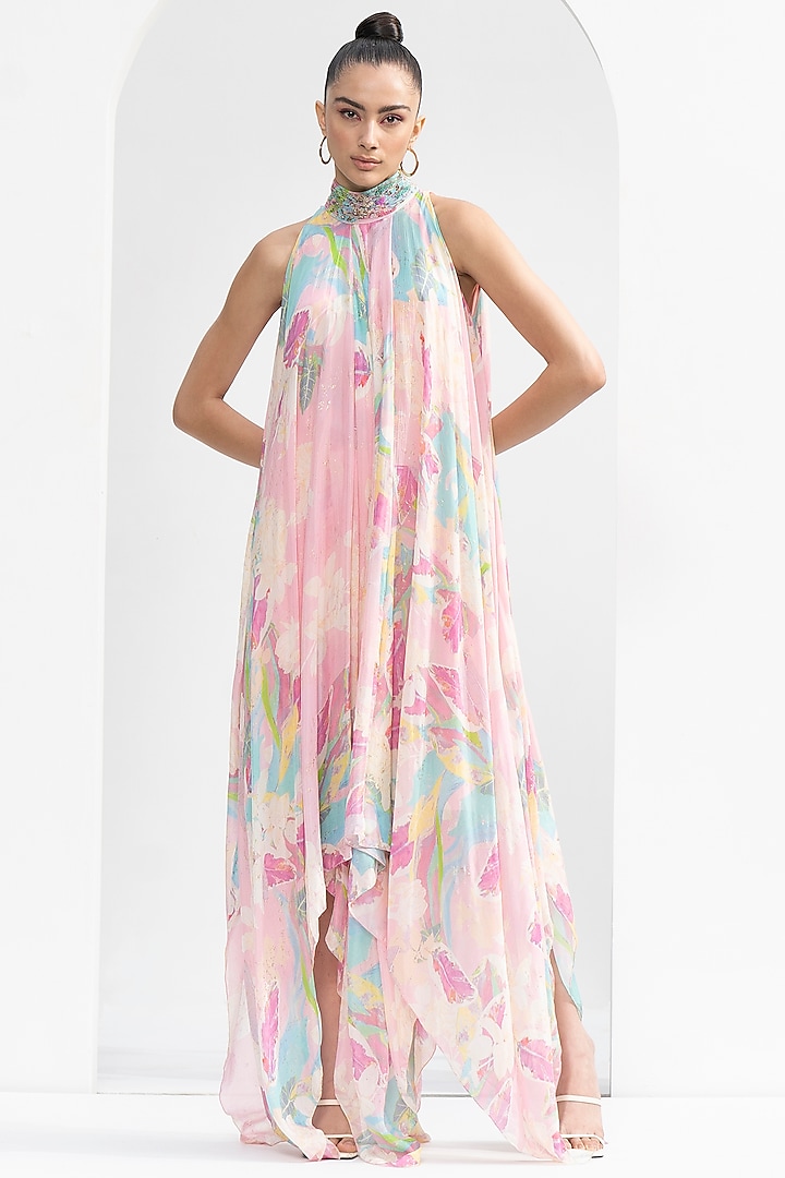 Pink Chiffon Printed Vacation Dress by Mandira Wirk - Resort at Pernia's Pop Up Shop