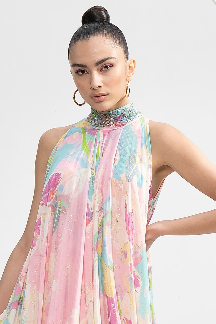 Pink Chiffon Printed Vacation Dress by Mandira Wirk - Resort at Pernia's Pop Up Shop