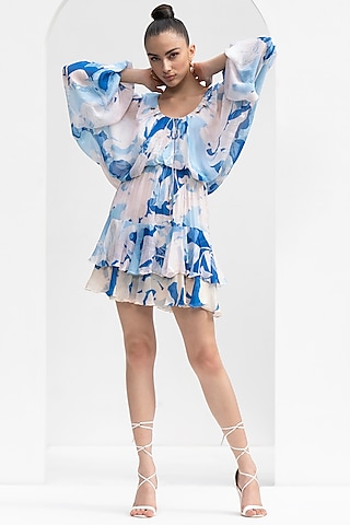 Mystic Blue Chiffon Printed Dress by Mandira Wirk - Resort