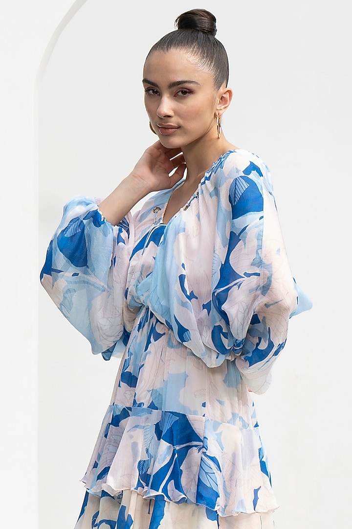 Mystic Blue Chiffon Printed Vacation Dress by Mandira Wirk - Resort at Pernia's Pop Up Shop