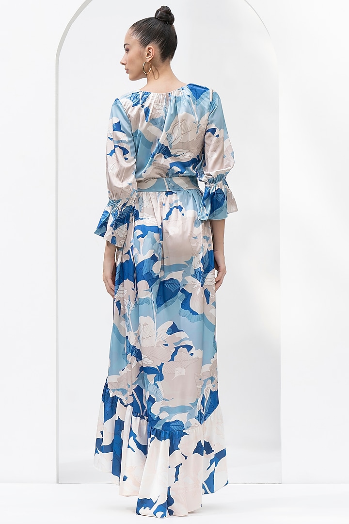 Mystic Blue Satin Printed Asymmetric Vacation Dress by Mandira Wirk - Resort at Pernia's Pop Up Shop