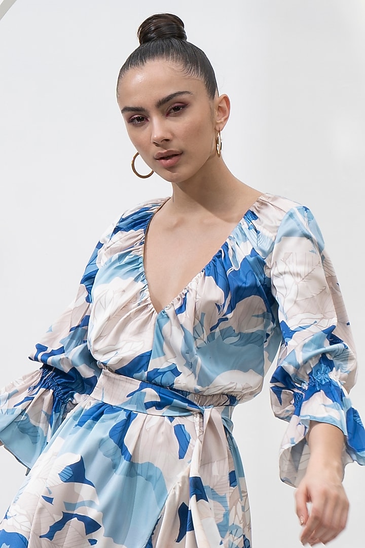 Mystic Blue Satin Printed Asymmetric Vacation Dress by Mandira Wirk - Resort at Pernia's Pop Up Shop