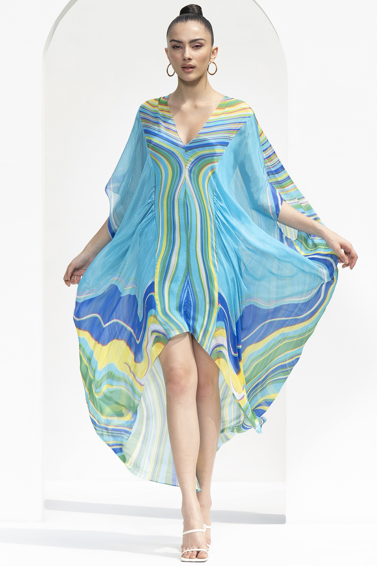 Blue Chiffon Printed Kaftan by Mandira Wirk - Resort at Pernia's Pop Up Shop