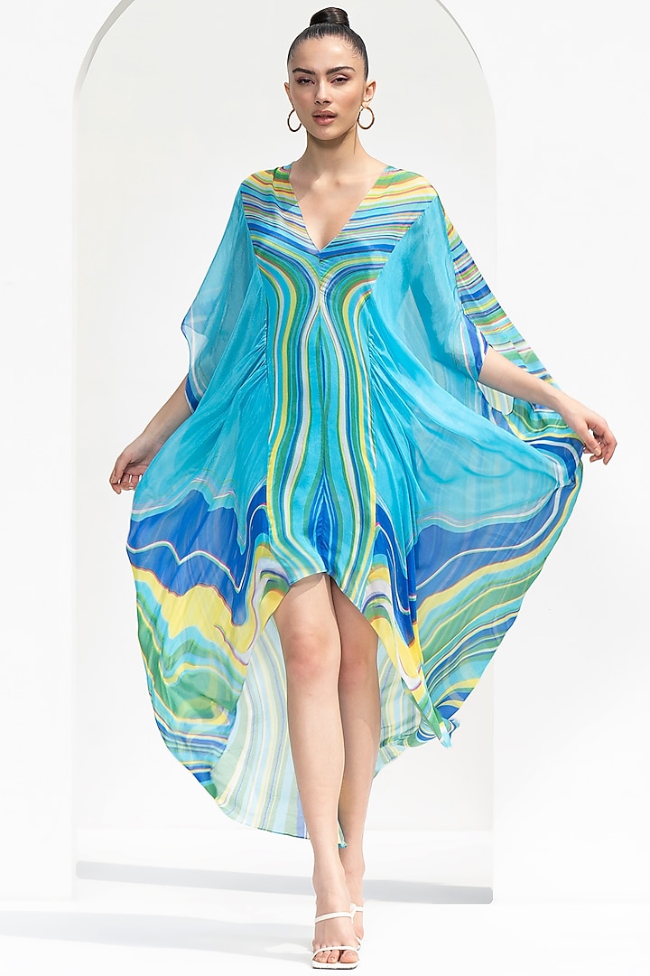 Blue Chiffon Printed Kaftan by Mandira Wirk - Resort at Pernia's Pop Up Shop