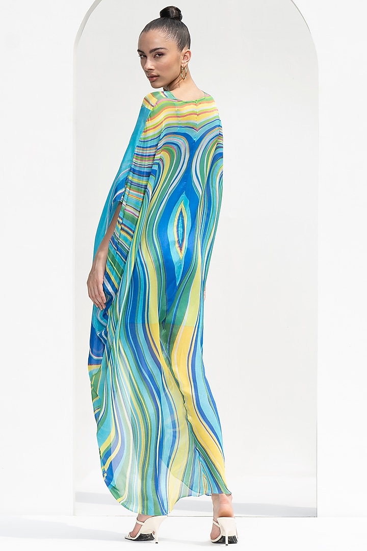 Blue Chiffon Printed Kaftan by Mandira Wirk - Resort at Pernia's Pop Up Shop